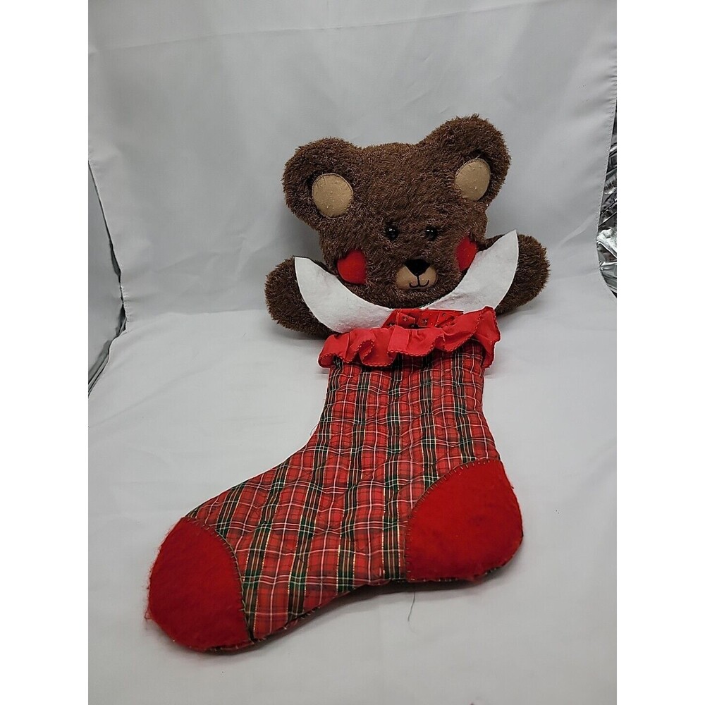 Christmas 3D Stocking Teddy Bear w Heart Cheeks Plush Quilted 21” Vintage